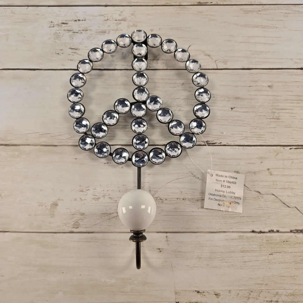 Hobby Lobby Peace Sign Wall Hook Rhinestone Crystal Ceramic Tip Boho 186460 NEW